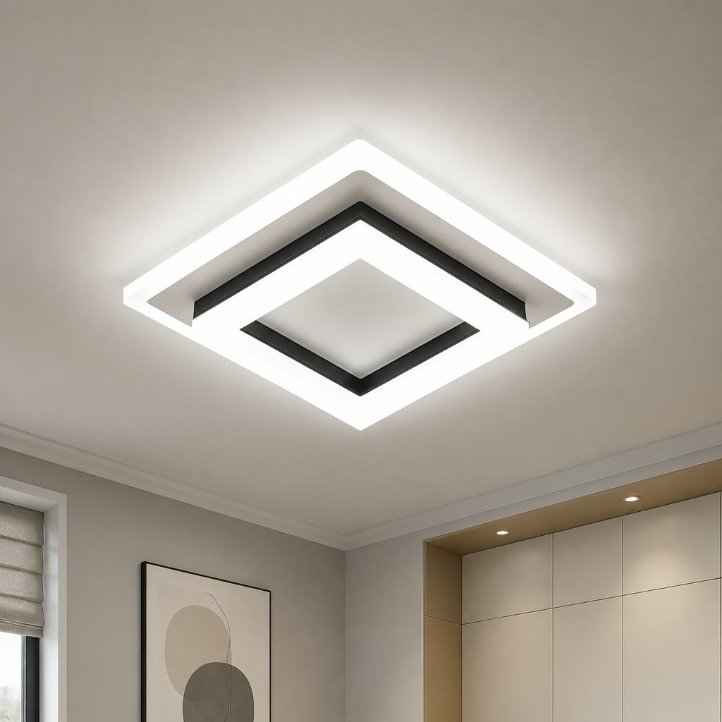 Square white LED ceiling light with black trim mounted in a modern room.