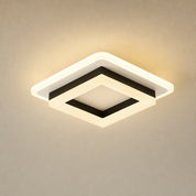 Square modern ceiling light with warm glow, white layered frame, and black geometric trim.