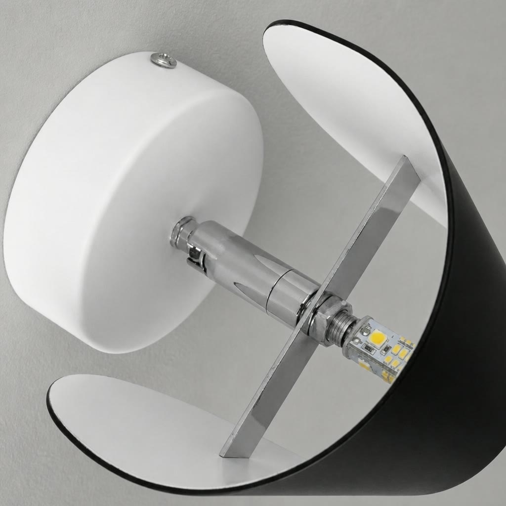 White wall lamp fixture with black shade, metal bracket, and exposed LED bulb.