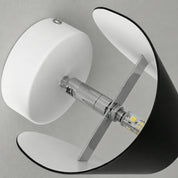White wall lamp fixture with black shade, metal bracket, and exposed LED bulb.