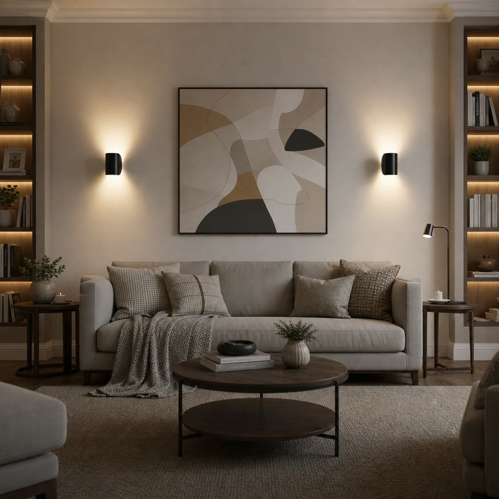 Black cylindrical wall sconces cast warm up-and-down light in a cozy living room.
