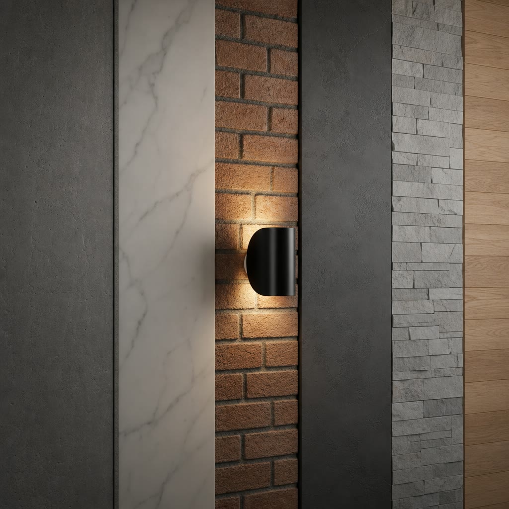 Black cylindrical wall sconce glowing on a brick panel between vertical material samples.