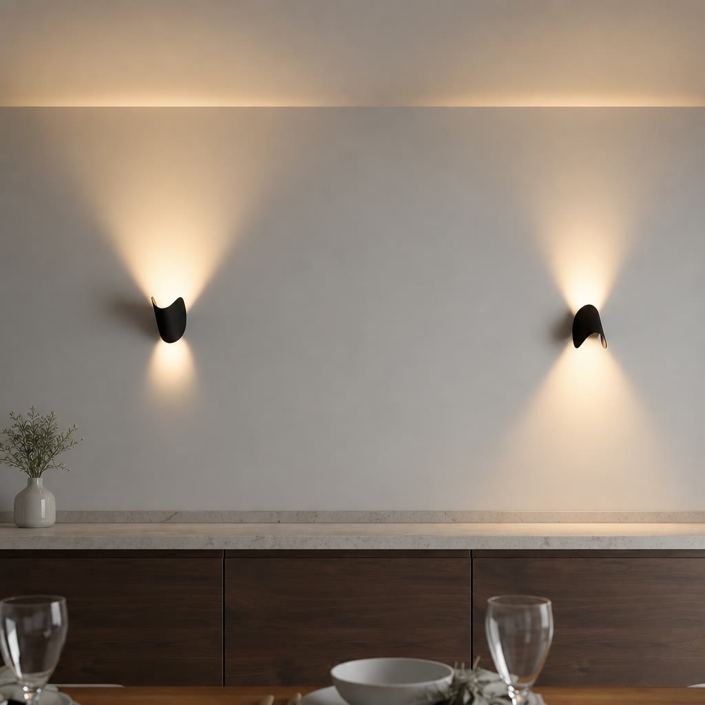 Two black wall sconces cast warm light above a wood cabinet and dining table.