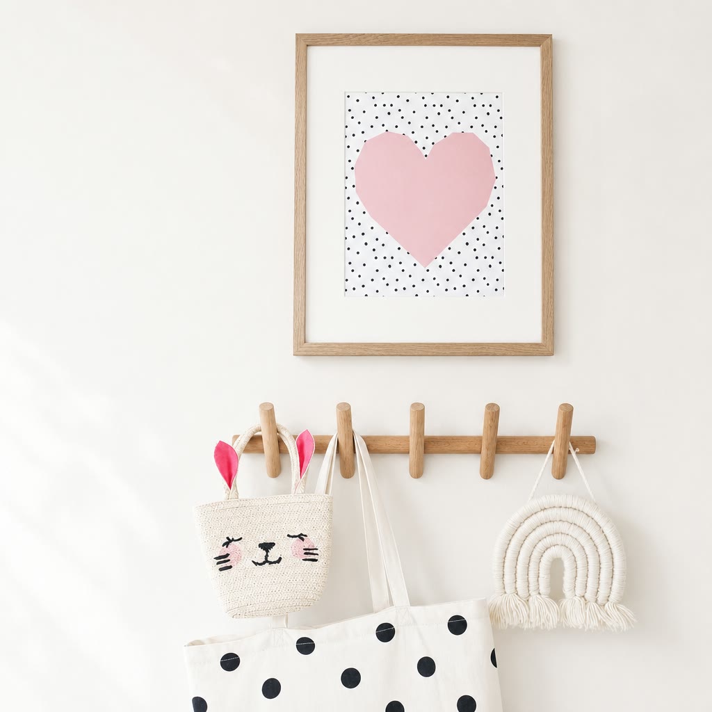 Wooden wall rack with framed pink heart print, bags, and woven rainbow decor on a white wall.