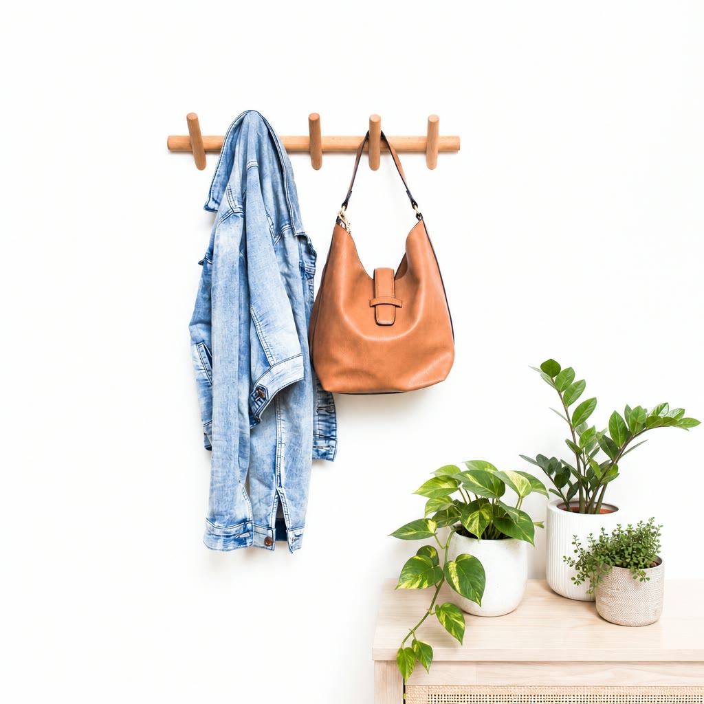 Wooden wall coat rack holding a denim jacket and tan leather shoulder bag.