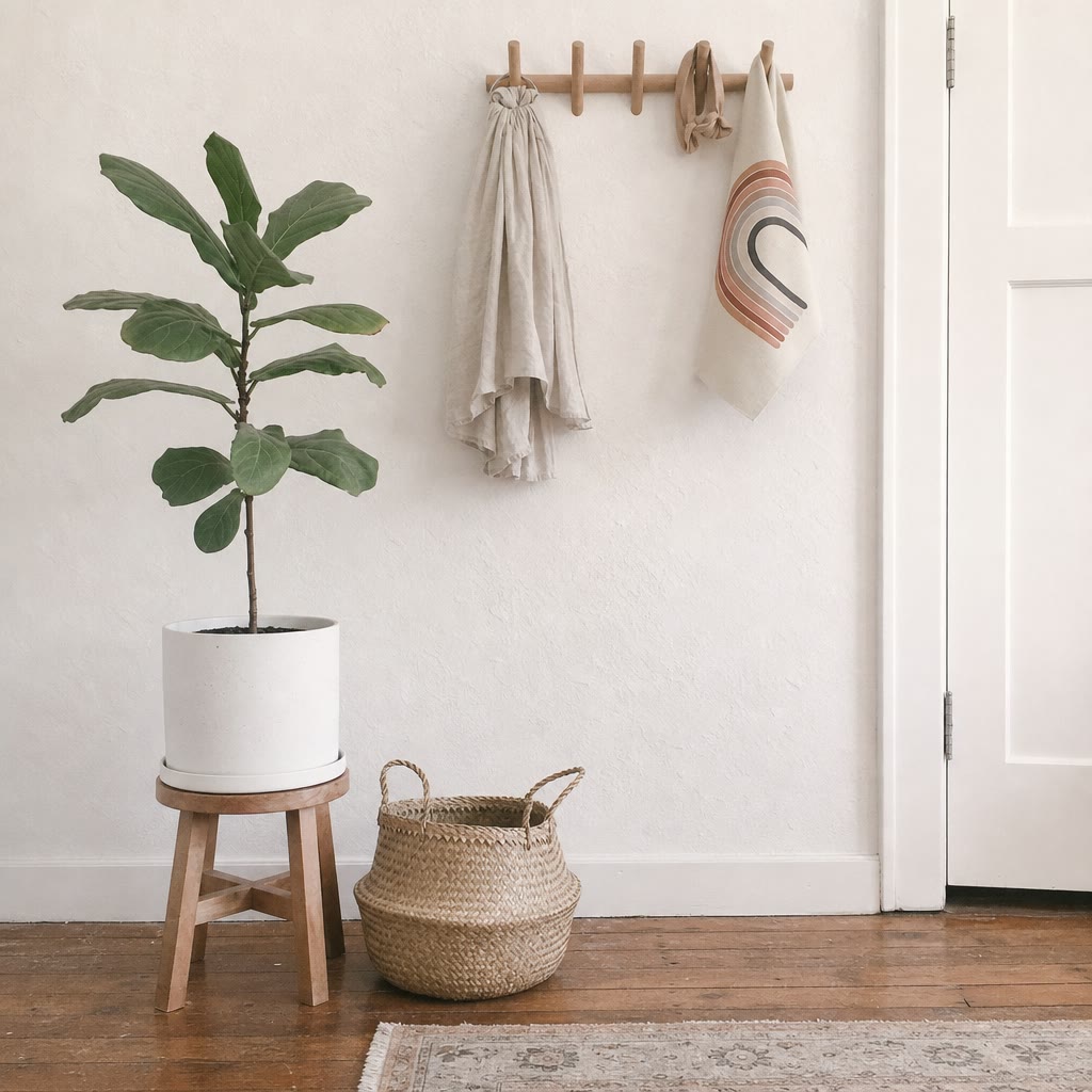Fiddle leaf fig in a white planter beside a woven basket and wall hooks with hanging fabrics.