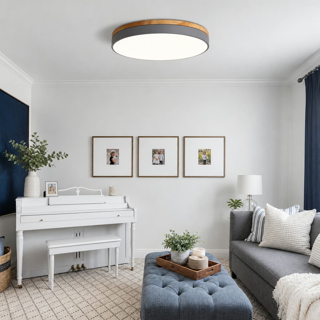 Round wood-and-charcoal flush mount ceiling light in a bright living room.