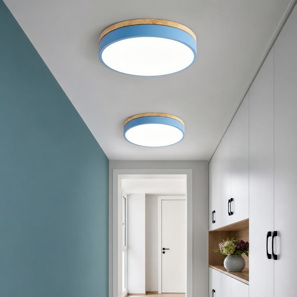 Two round blue and wood flush ceiling lights illuminating a modern hallway with cabinets.