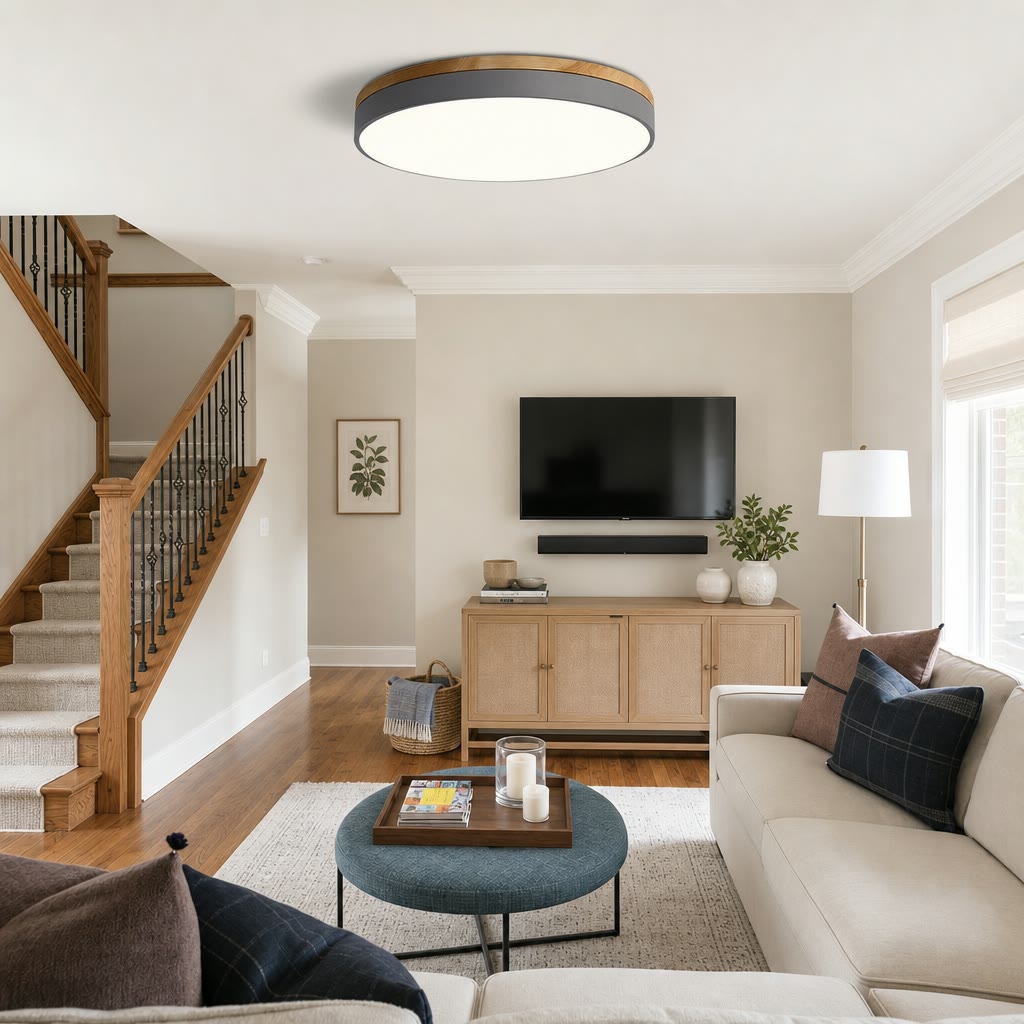 Round flush mount ceiling light with wood trim and dark metal band in a cozy living room.