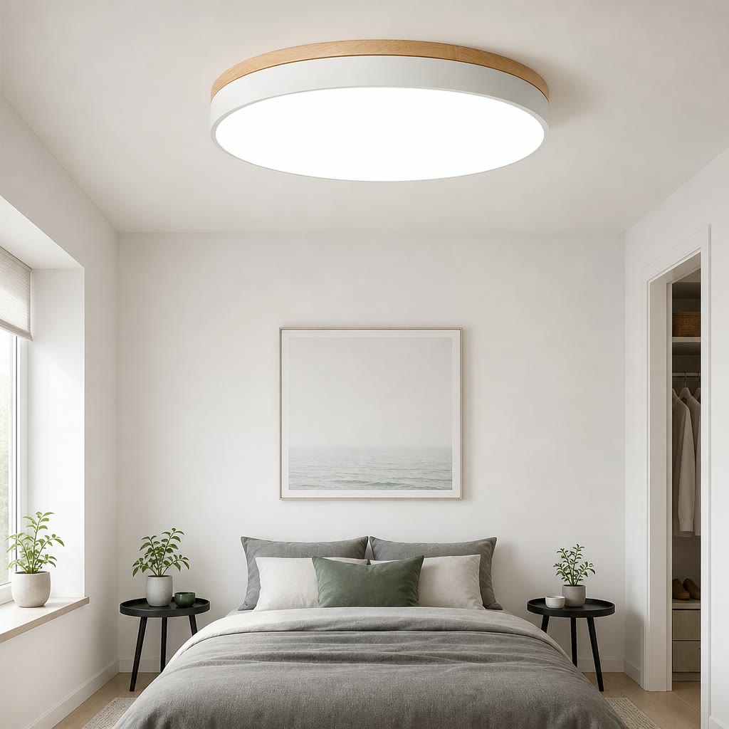 Round ceiling light with wood trim above a minimalist bedroom bed and nightstands.