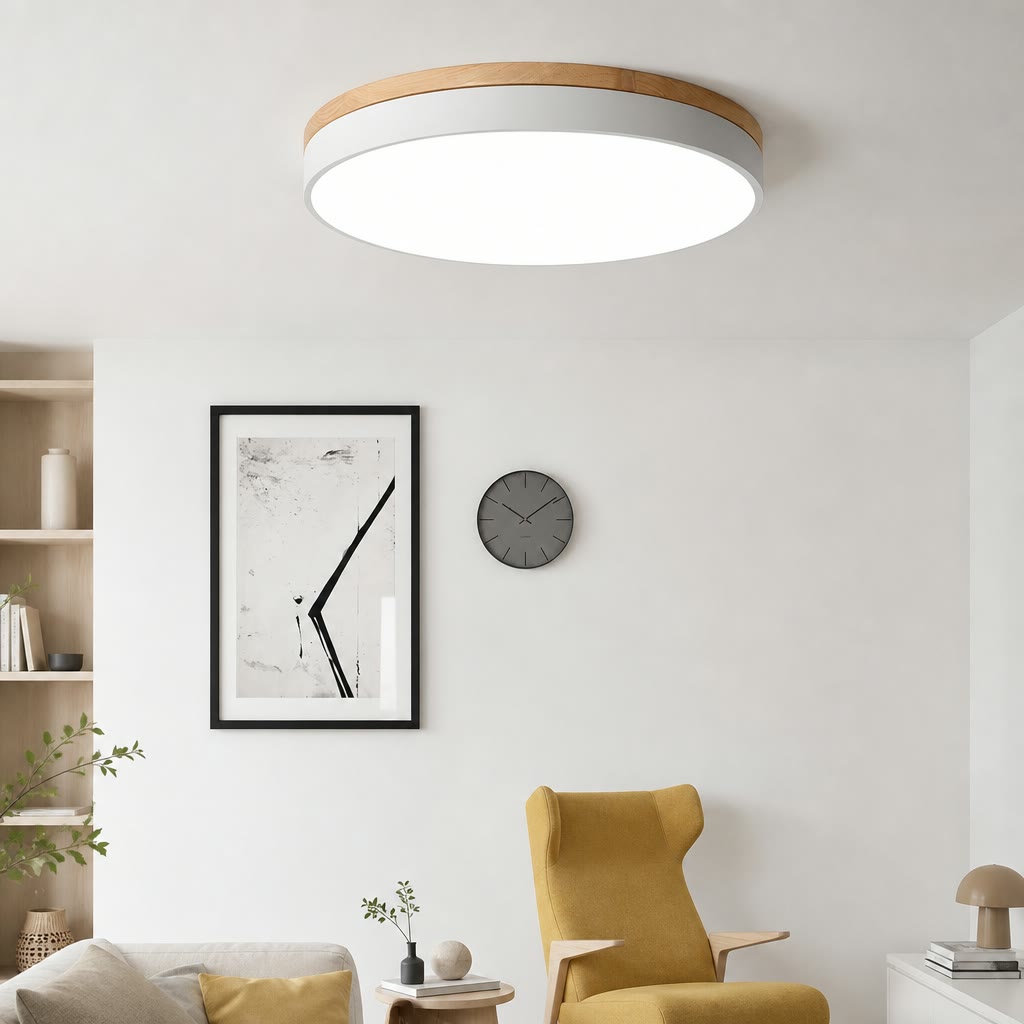 Round flush mount ceiling light with wood trim glowing in a modern living room.
