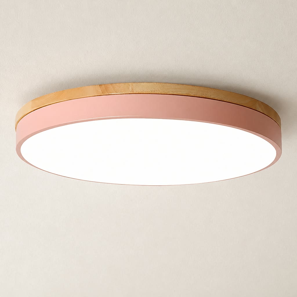 Round flush mount ceiling light with a pink side band and wood-tone rim.
