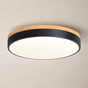 Round ceiling light with wood trim, black band, and glowing white diffuser.