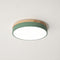 Round ceiling light with wood trim, sage green side band, and glowing white diffuser.