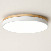 Round ceiling light with wood trim, white metal band, and glowing white diffuser.