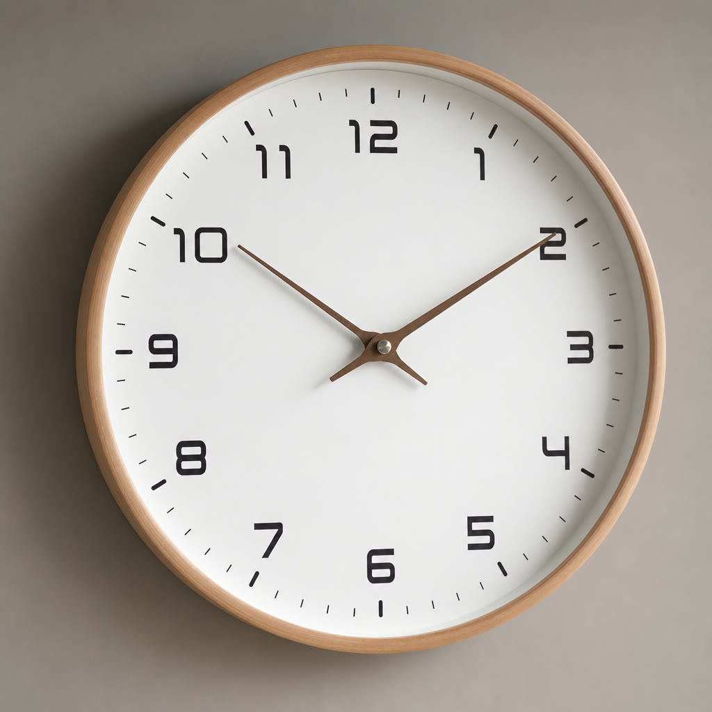 Round wall clock with a wooden rim, white face, black numerals, and brown hands.