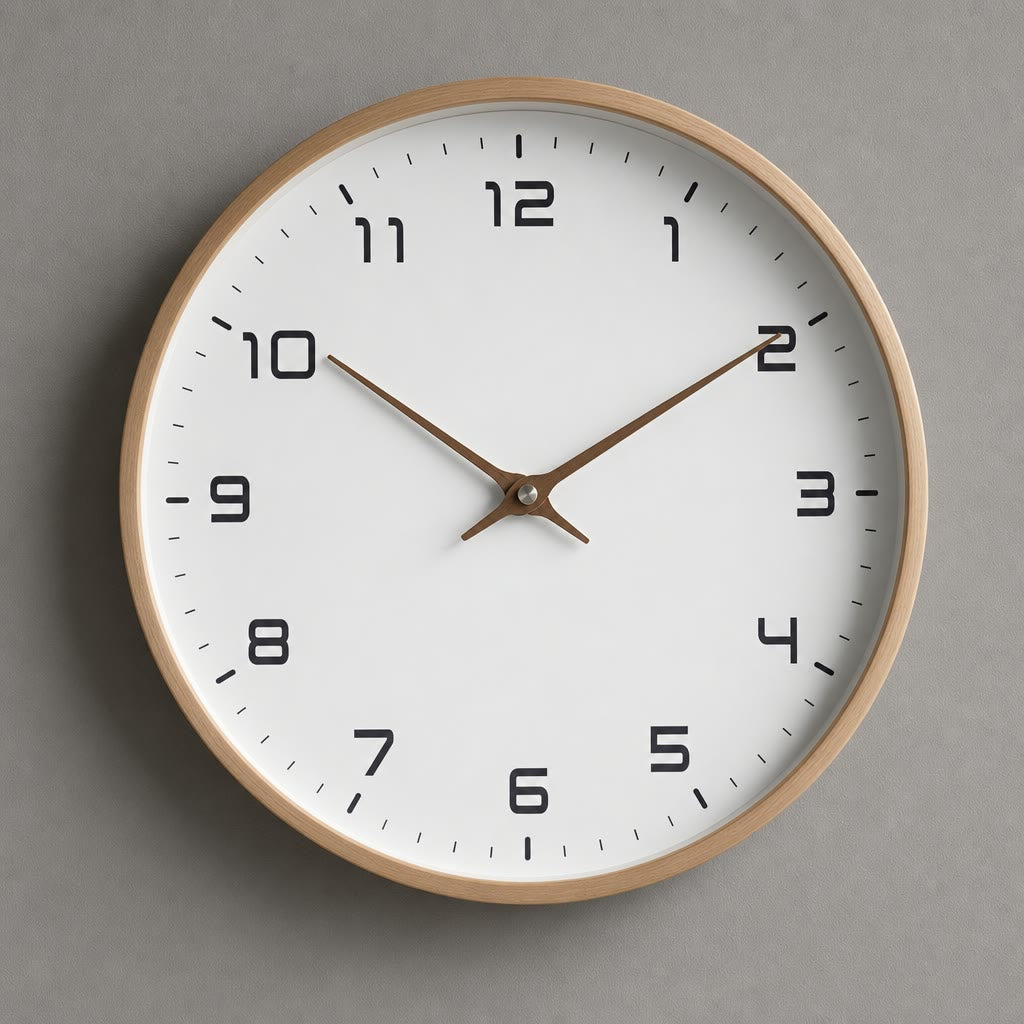 Round wooden wall clock with a white face and brown hands on a gray wall.