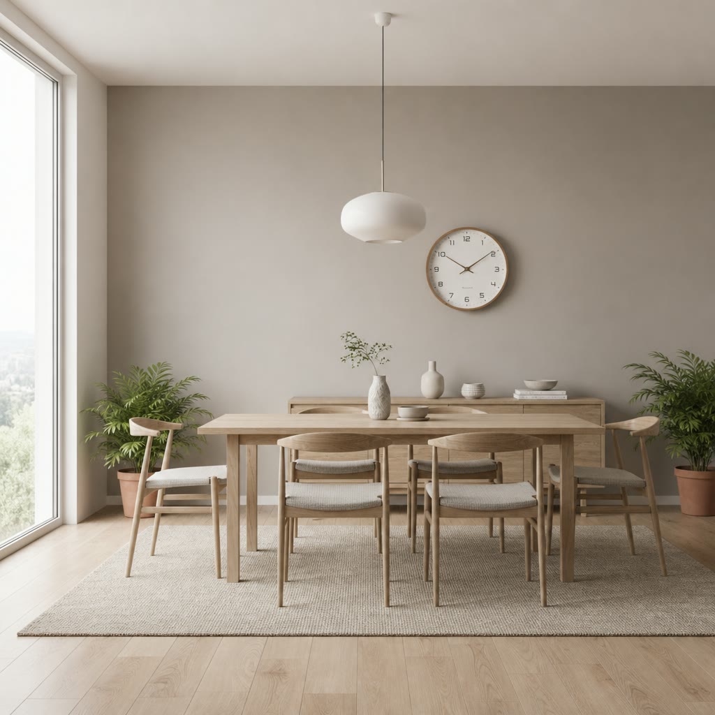 Light wood dining table with matching chairs in a minimalist neutral dining room.