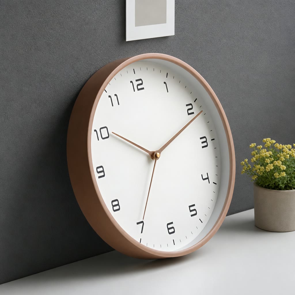 Copper-rimmed round wall clock with black numerals leaning on a white tabletop.