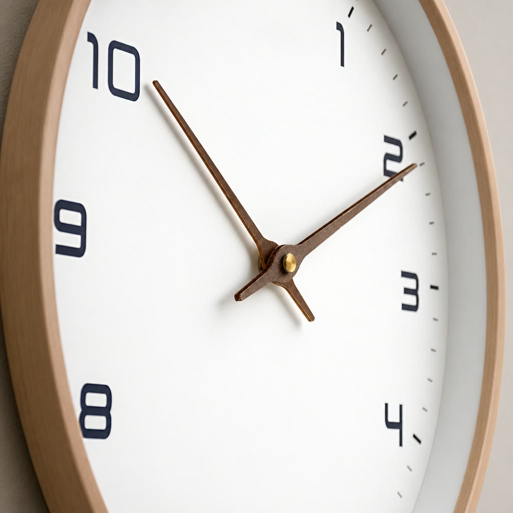 Close-up of a white wall clock with wood hands, black numerals, and a pale wooden frame.
