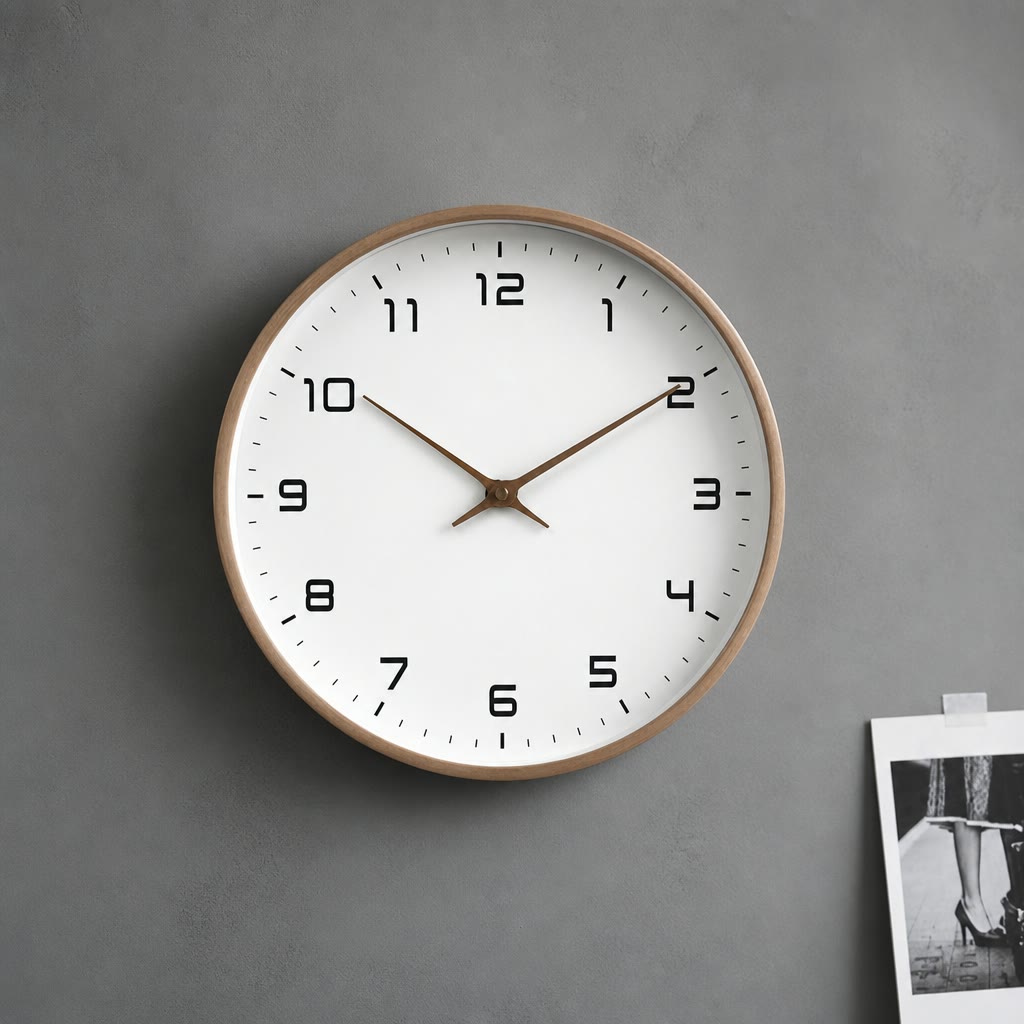 Round wall clock with a wood rim, white face, black numerals, and brown hands on a gray wall.