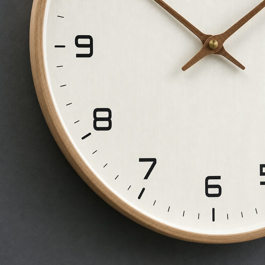Close-up of a wooden-rim wall clock with a white textured face and black numbers.