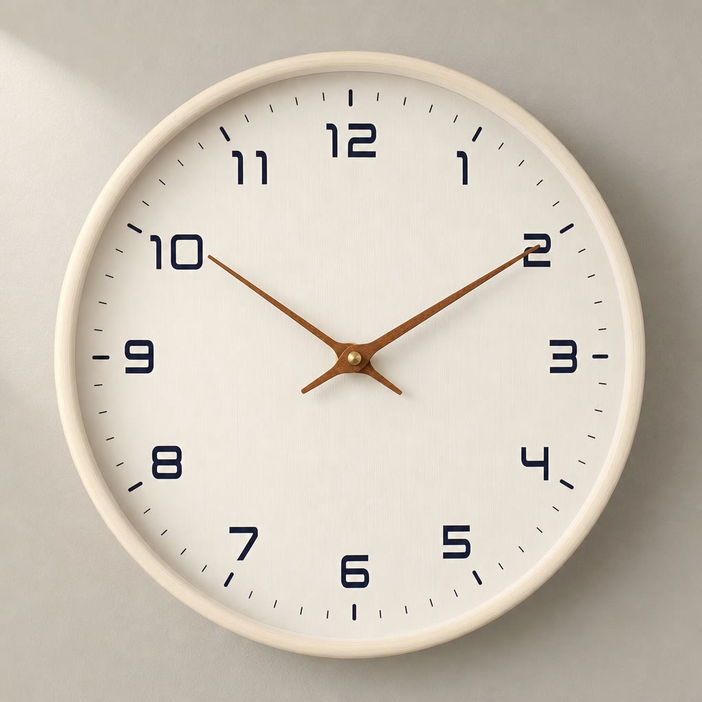 Minimal white wall clock with black numerals and wooden hands on a pale wall.