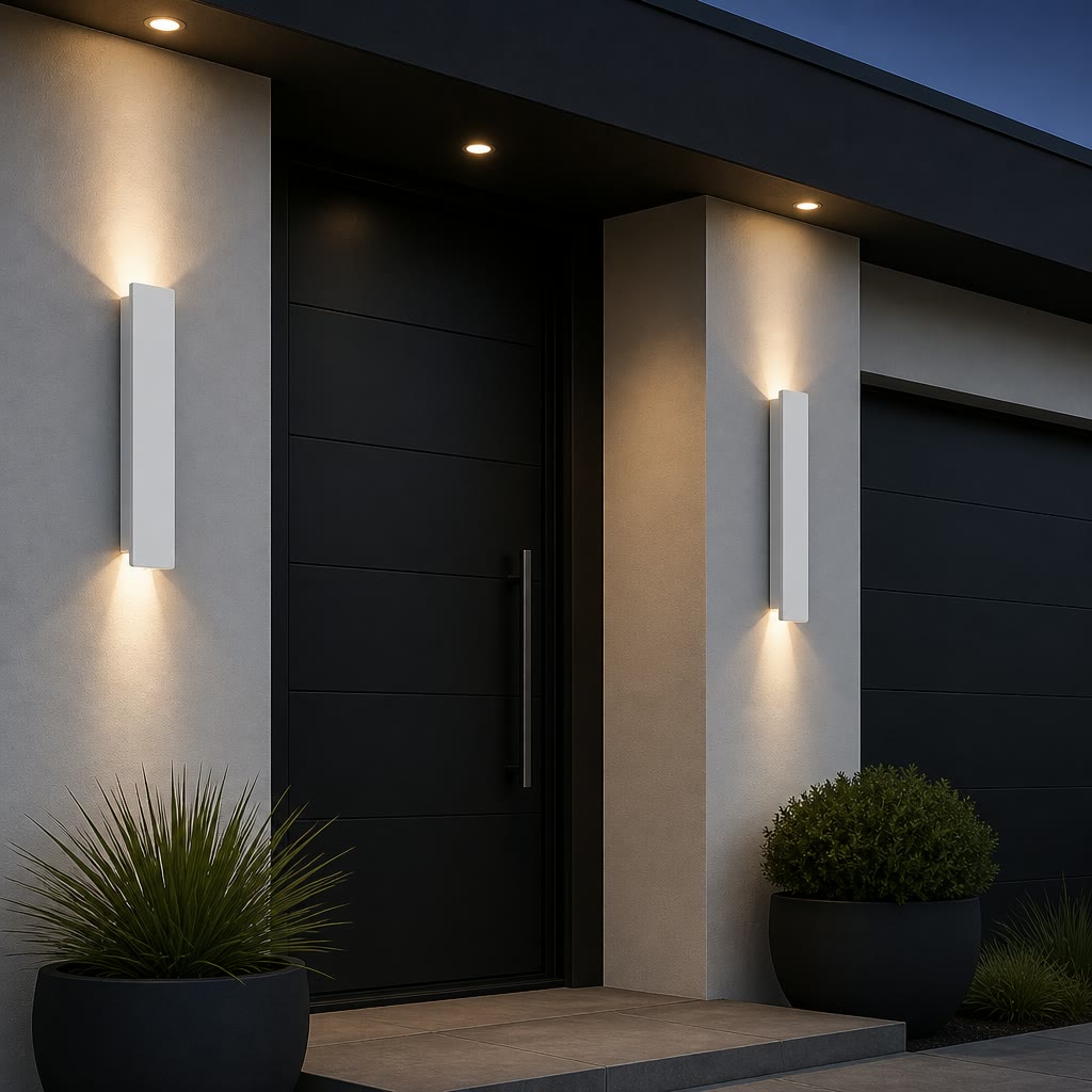 Two slim white outdoor wall sconces casting warm up-and-down light on a modern entryway.