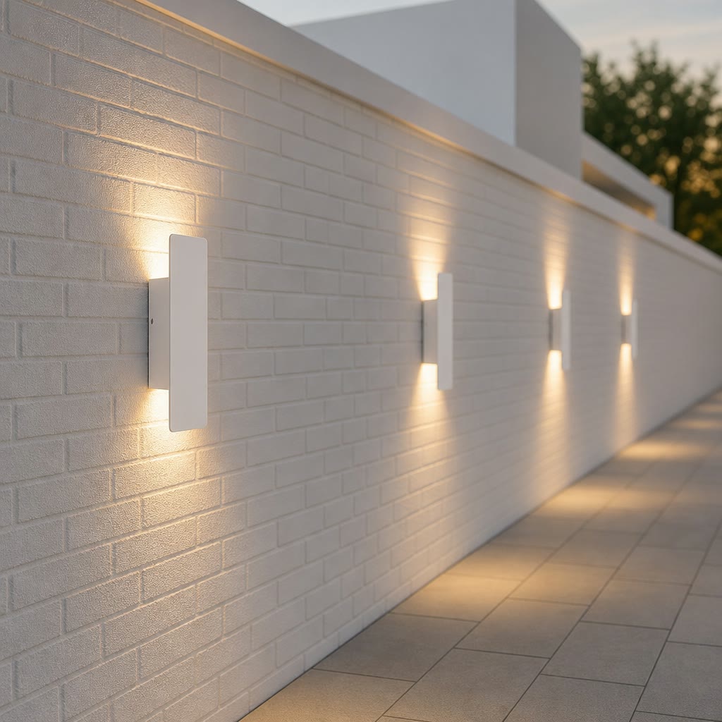 White rectangular wall sconces cast warm light on a white brick exterior wall.