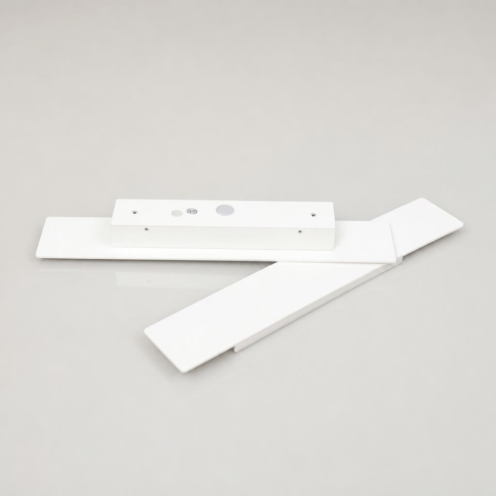 White ceiling fan blade assembly with rectangular motor housing on a light gray surface.