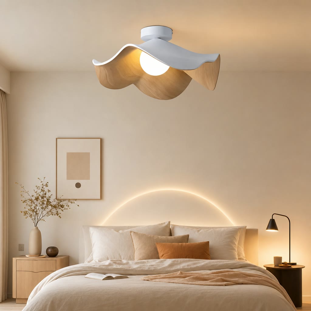 Wavy wood and white ceiling light with a glowing bulb above a cozy bed scene.