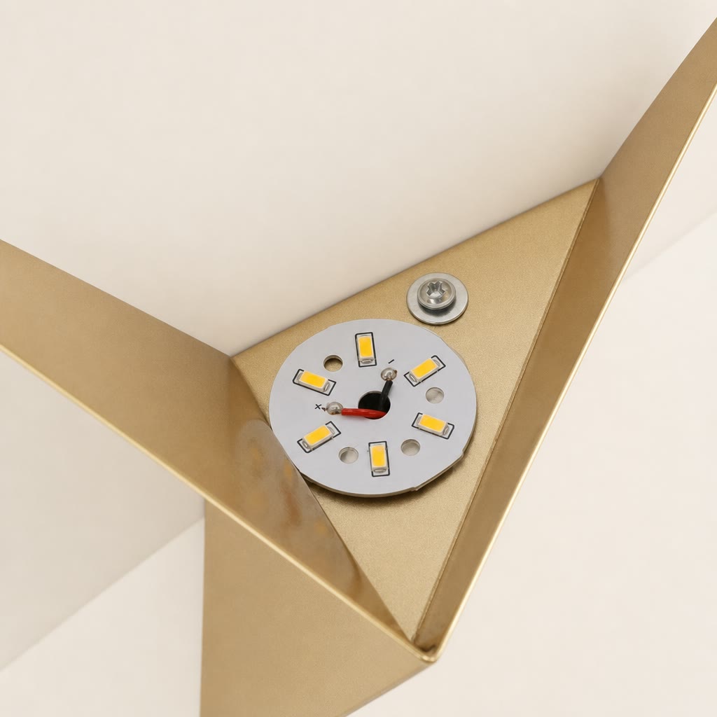 Gold triangular lamp fixture with circular LED board and wiring visible.