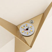 Gold triangular lamp fixture with circular LED board and wiring visible.