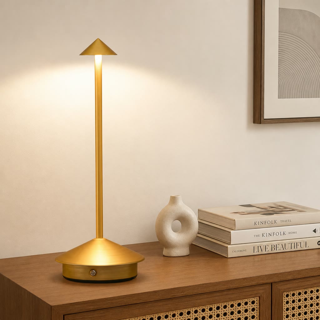 Gold cordless table lamp with round base and slim stem on a wooden console.
