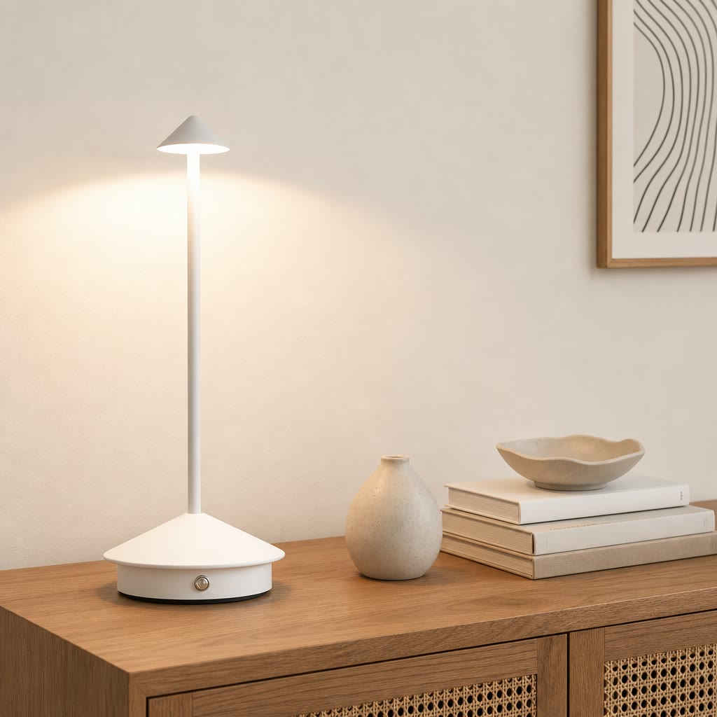 White minimalist touch table lamp on a wooden cabinet.