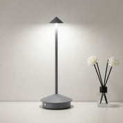 Gray cordless table lamp with a glowing cone shade beside a small reed diffuser.
