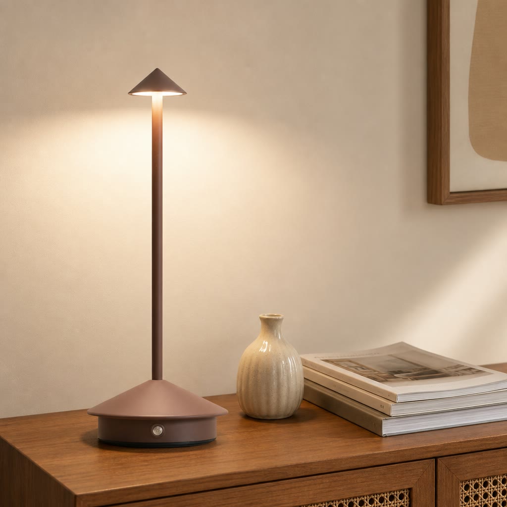 Brown slim cordless table lamp with conical shade and round base glowing on a wooden cabinet.