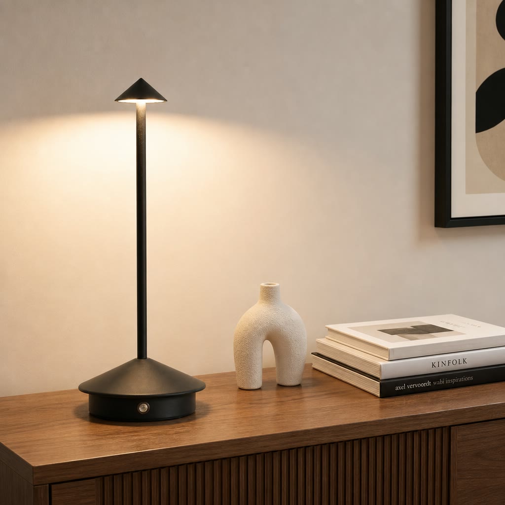 Black touch table lamp with cone shade on a wooden sideboard.