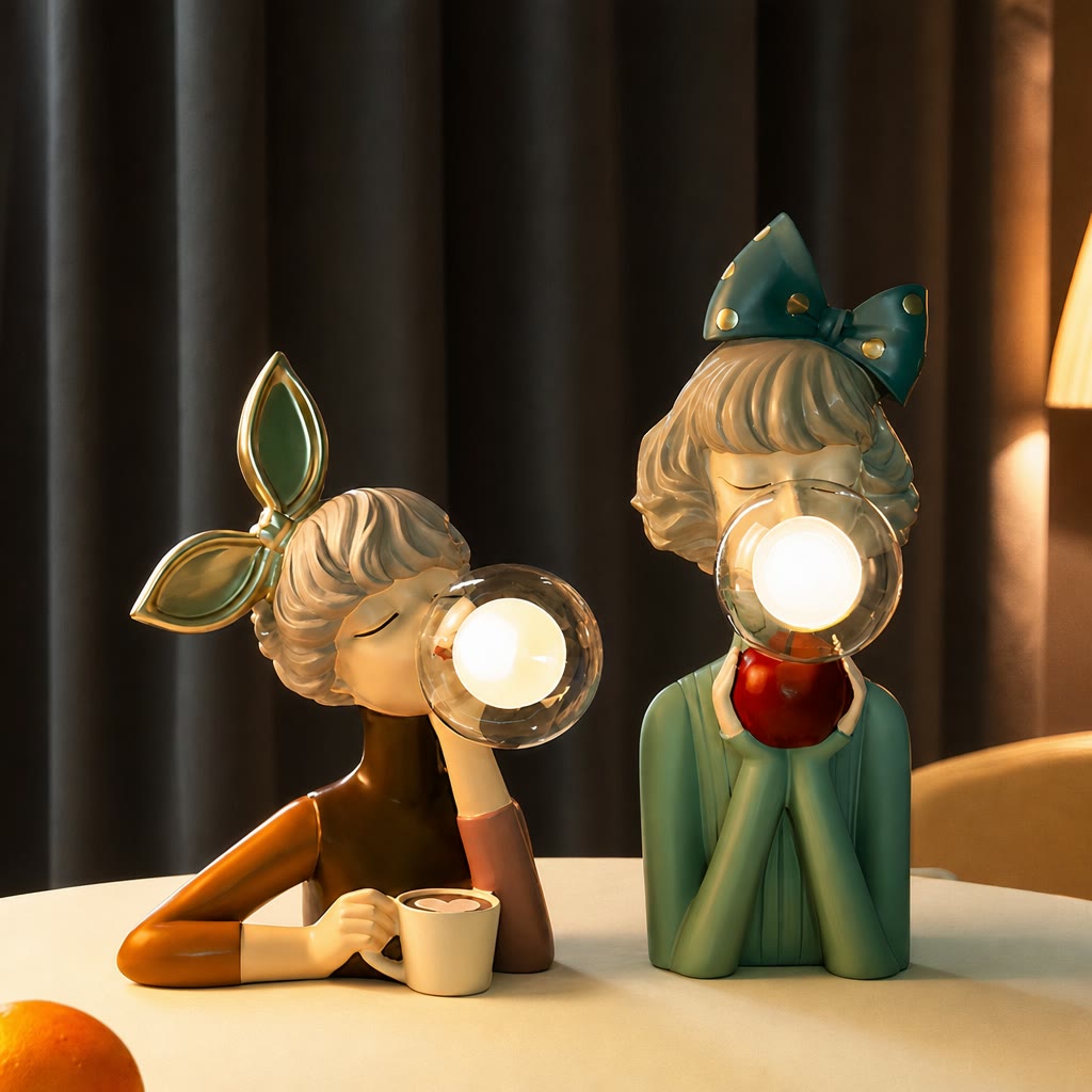 Two decorative girl figurine lamps with glowing glass globes sit on a table.