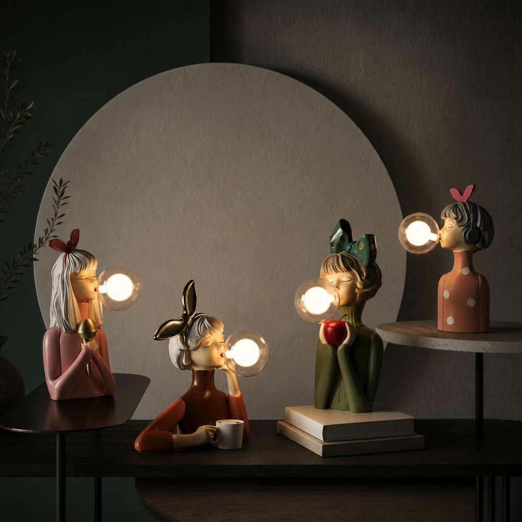 Four whimsical girl-shaped bubble lamps glow on dark tables against a large round wall panel.