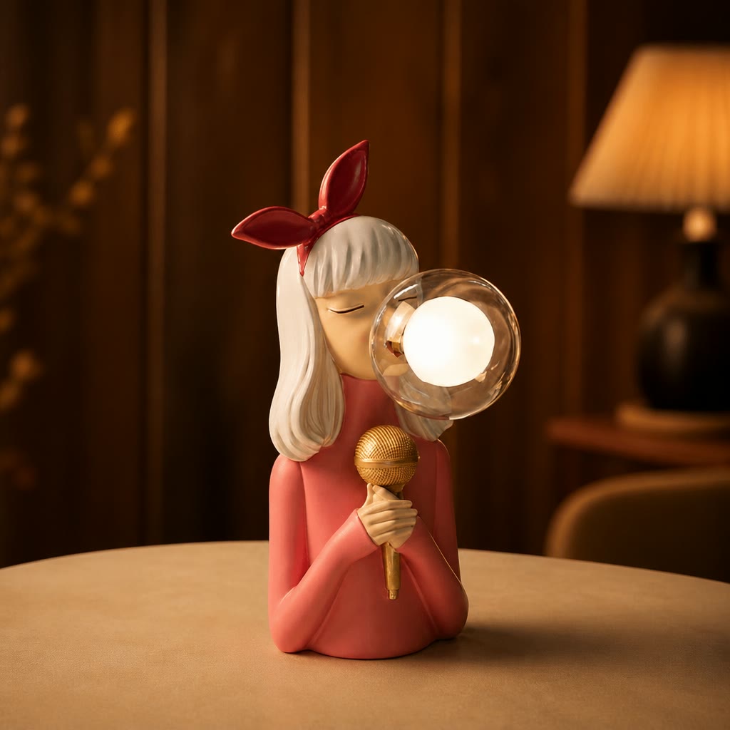 Figurine of a girl in a pink dress holding a gold microphone and glowing glass globe.