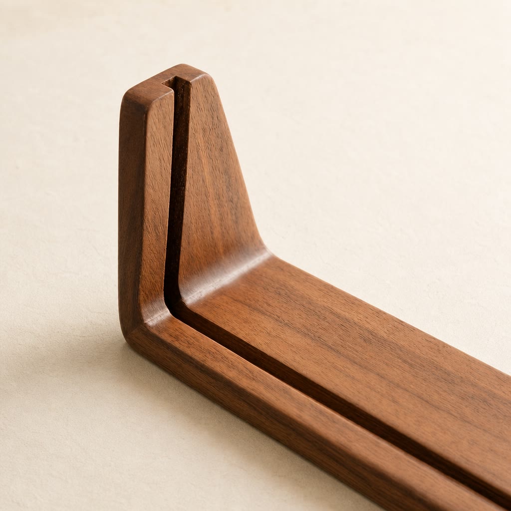 Wooden L-shaped stand with a grooved base and rounded back support on a warm neutral surface.