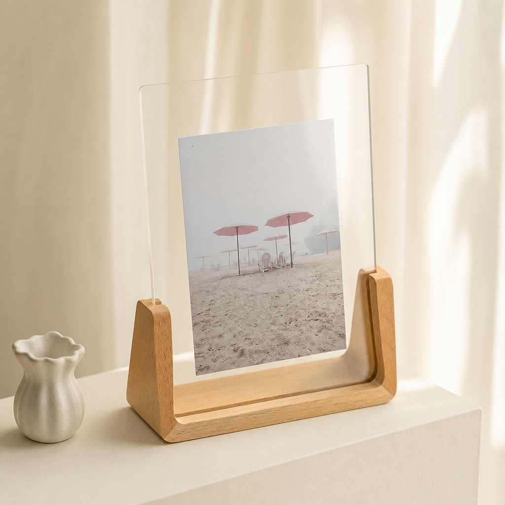 Wooden acrylic photo frame displaying a beach umbrella print on a softly lit shelf.