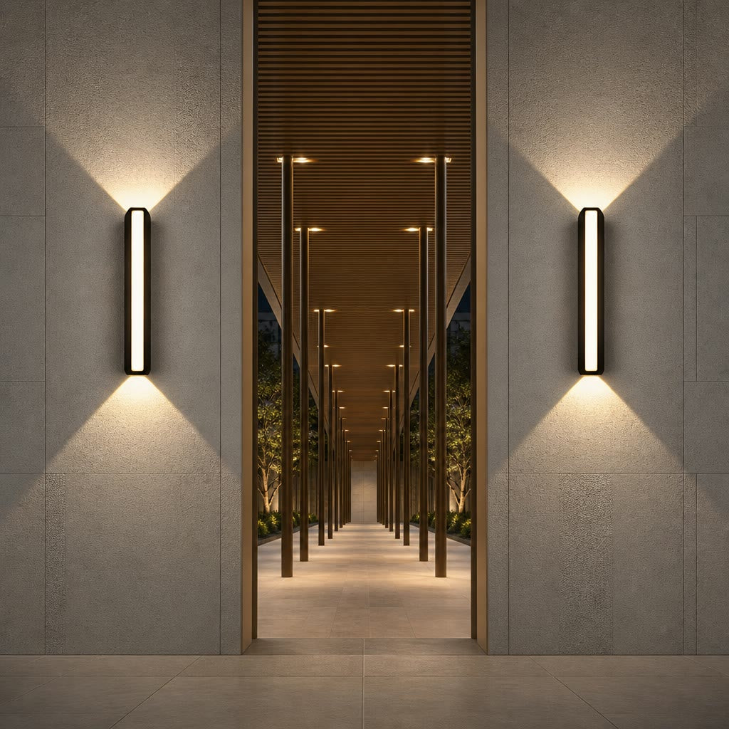 Two black vertical wall sconces cast warm light on textured walls flanking a modern corridor.