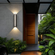 Slim vertical outdoor wall light illuminating a modern entryway with tropical greenery.