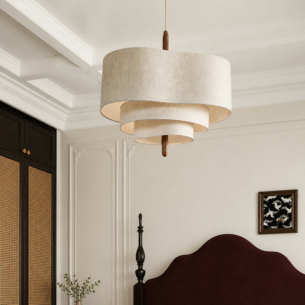 Tiered cream fabric pendant light hanging above an elegant bedroom with a red headboard.