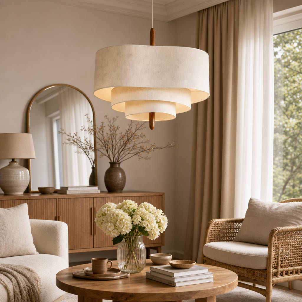 Tiered cream fabric pendant light with a wooden stem hanging in a warm neutral living room.