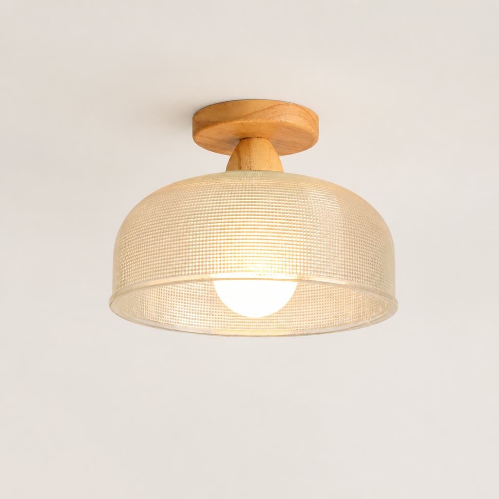 Woven beige ceiling light with wooden mount and glowing bulb on a plain light background.