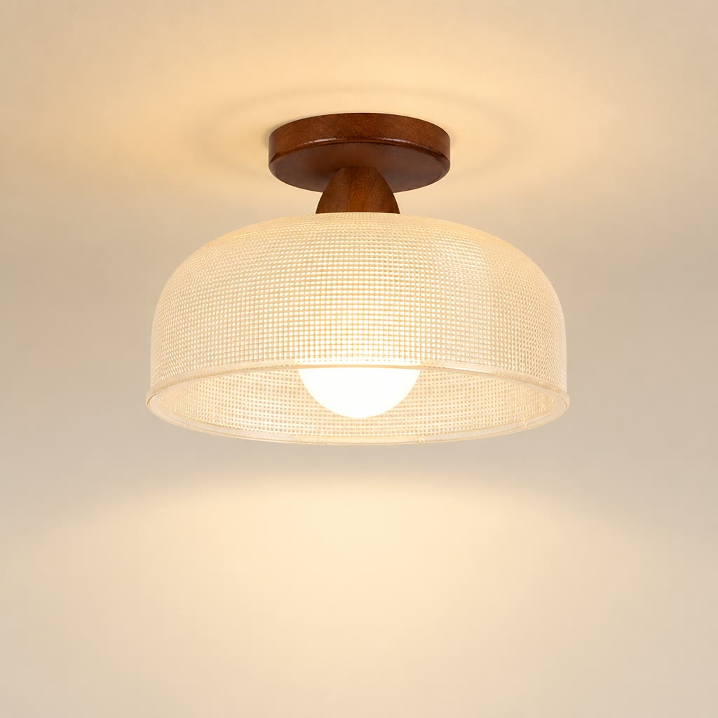 Warm ceiling light with a woven beige shade and wooden mount against a plain ceiling.