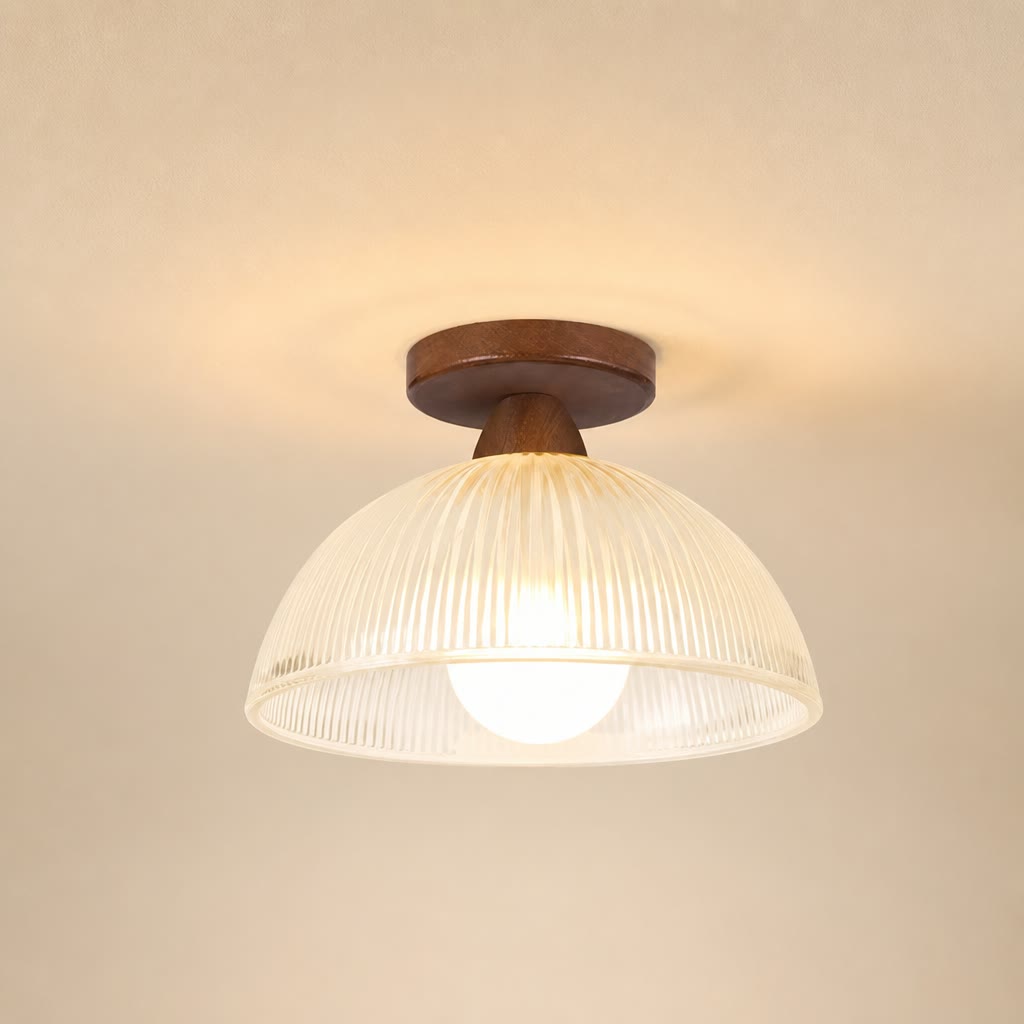 Warm ceiling light with wooden mount and ribbed translucent dome shade.